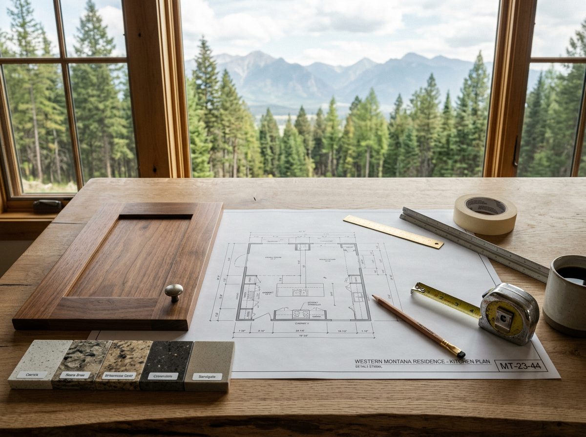 Kitchen design flat lay with plan and samples