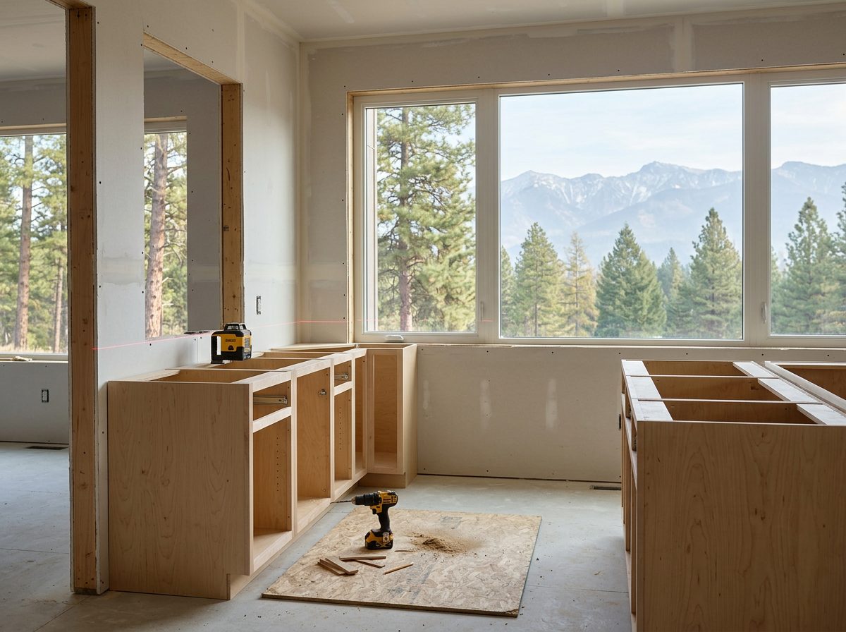 Cabinets staged for installation on a jobsite