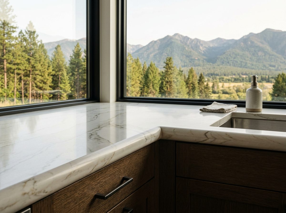 Polished quartz countertop edge detail