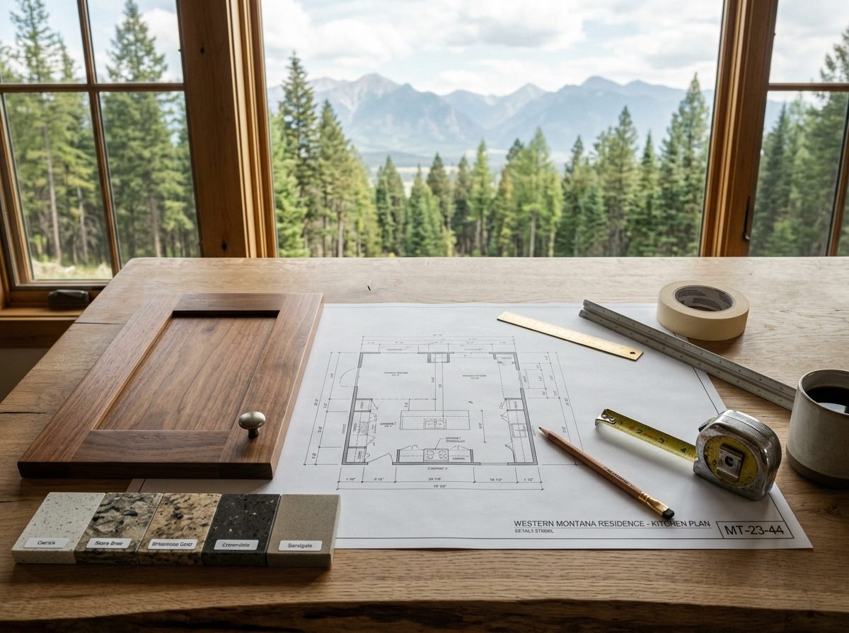 Kitchen design flat lay with plan and samples