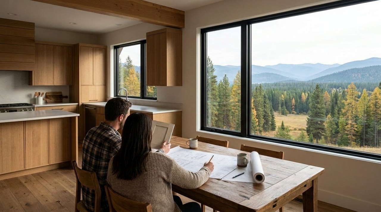 Homeowners reviewing kitchen plans at the table, with forest and larch trees outside the window