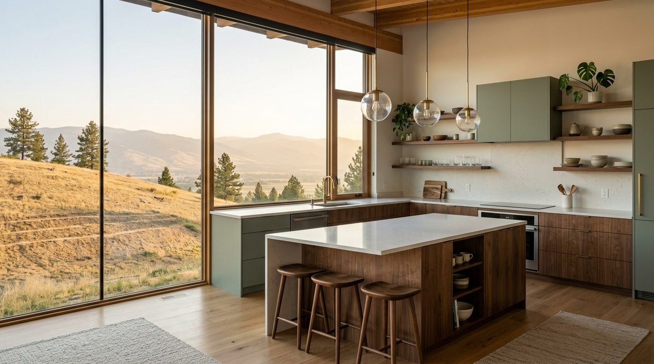 Mid-century modern kitchen with a mountain valley view