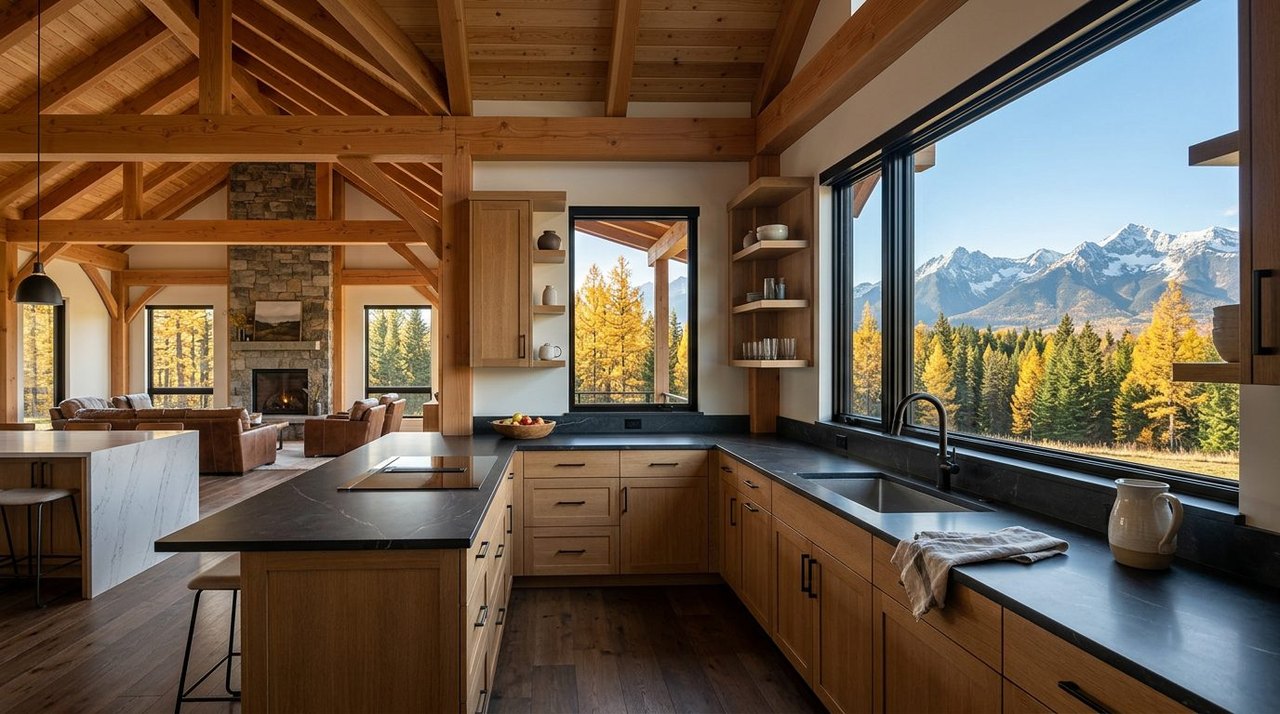 Timber-frame great room with an open kitchen